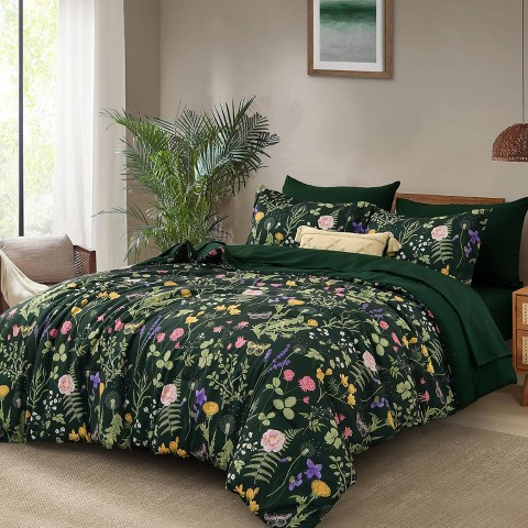 Der Rose BALHAM TRADE-Queen Size Comforter Set 7 Piece Dark Green Floral Lightweight All Season Bedding Dark Green-Queen 90"x90"