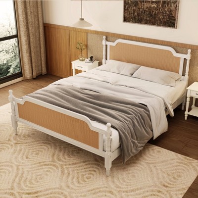 Grungis Traditional Queen Size Bed Frame,Rustic Style Solid Wood Bed with Headboard,Rattan Platform Bed for Bedroom