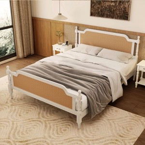 Grungis Traditional Queen Size Bed Frame,Rustic Style Solid Wood Bed with Headboard,Rattan Platform Bed for Bedroom - 1 of 4