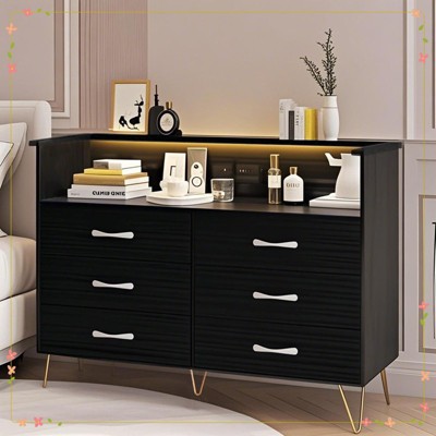 Dresser with LED Light for Bedroom 6 Drawer Dressers with Charging Station Chests of Drawers