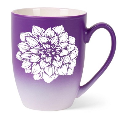Elanze Designs Botanical Floral Nature Coffee Cup Mug 12 Ounce Ceramic With Ombre Gradient Elegant Minimalist Dahlia Flower Silhouette Purple and
