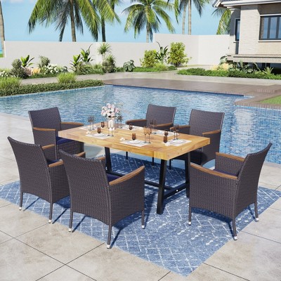 Captiva Designs 7Pc Patio Dining Oil Finished Tabletop and Spray Painted Leg Acacia Wood Table & Rattan Chairs