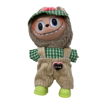 Green Gingham Shirt & Visor Set with Tan Corduroy Overalls and Green Shoes for Labubu