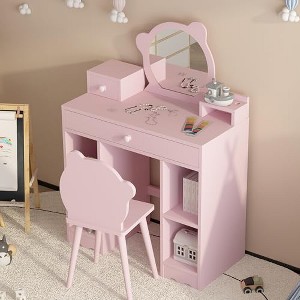 GustoWave Kids Vanity Set with Chair, 2-In-1 Princess Makeup Desk & Dressing Table for Toddler Girls, Pink Vanity,Storage Drawers & Shelves - 1 of 4