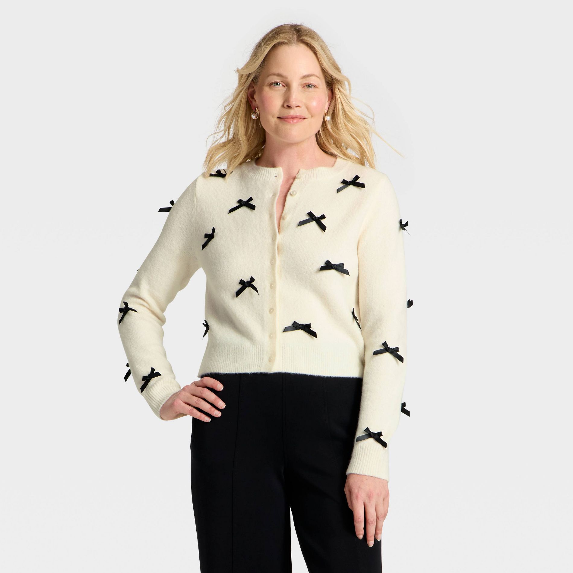 Women's Long Sleeve Party Cardigan Sweater - A New Day™ Cream/Black M