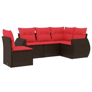 vidaXL Patio Sofa Set with Cushions Outdoor Conversation Furniture Poly Rattan - Brown and Red Without Table - 1 of 4