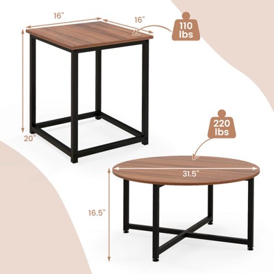 Walnut and Black 3-Piece Coffee Table Set with Metal Frame