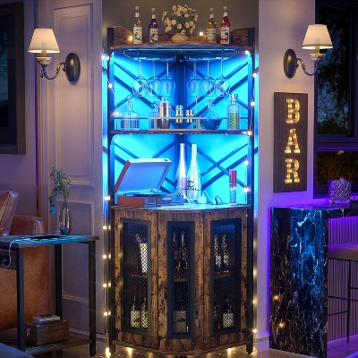 Aheaplus Corner Wine Cabinet with LED Strip and Glass Holder