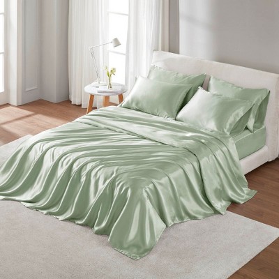 Lyngins Satin Luxury Bed Sheets Set, Wrinkle-Free Split King Bedding Set, 1 Flat Sheet, 2 Fitted Sheets (Fits 16" Mattresses), 4 Pillowcases