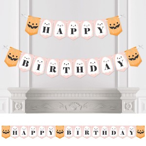 Big Dot of Happiness Pastel Halloween - Pink Pumpkin Birthday Party Bunting Banner - Party Decorations - Happy Birthday - 1 of 4