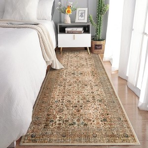 Boho Print Washable Rugs Non Slip Low Pile Vintage Floral Traditional Carpet for Living Room - 1 of 4
