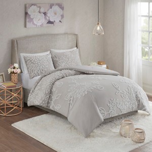 3 Piece Tufted Cotton Chenille Floral Comforter Set Warm Grey/White Full/Queen - 1 of 1