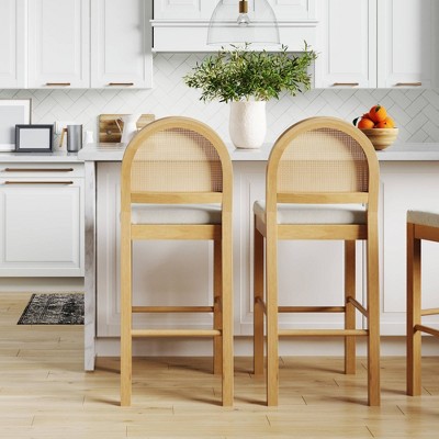 Light Oak and Rattan Counter Height Bar Stools with Boucle Seats, Set of 2