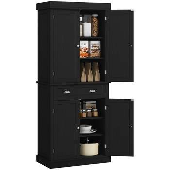 HOMCOM 72" Traditional Freestanding Kitchen Pantry Cupboard with 2 Cabinet, Drawer and Adjustable Shelves, Black Wood Grain