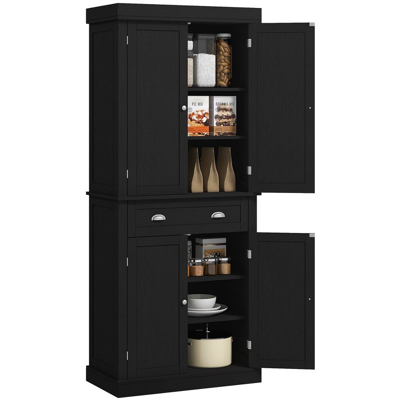 HOMCOM 72" Traditional Freestanding Kitchen Pantry Cupboard with 2 Cabinet, Drawer and Adjustable Shelves, Black Wood Grain, 1 of 7