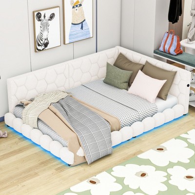 CAVINAS Full Size Upholstered Floor Bed Modern Wooden Bed Frame with LED Light, 2 Ports and Teddy Fabric for Bedroom