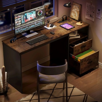 Retro Grey Oak Adjustable Height Standing Desk with Drawer and Power Outlet