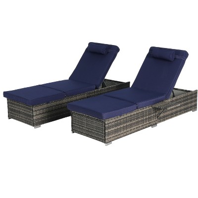 Gulches Dark Gray Rattan Patio Chaise Lounges Set - Outdoor Sofa Deck Chair with Navy Blue Cushions