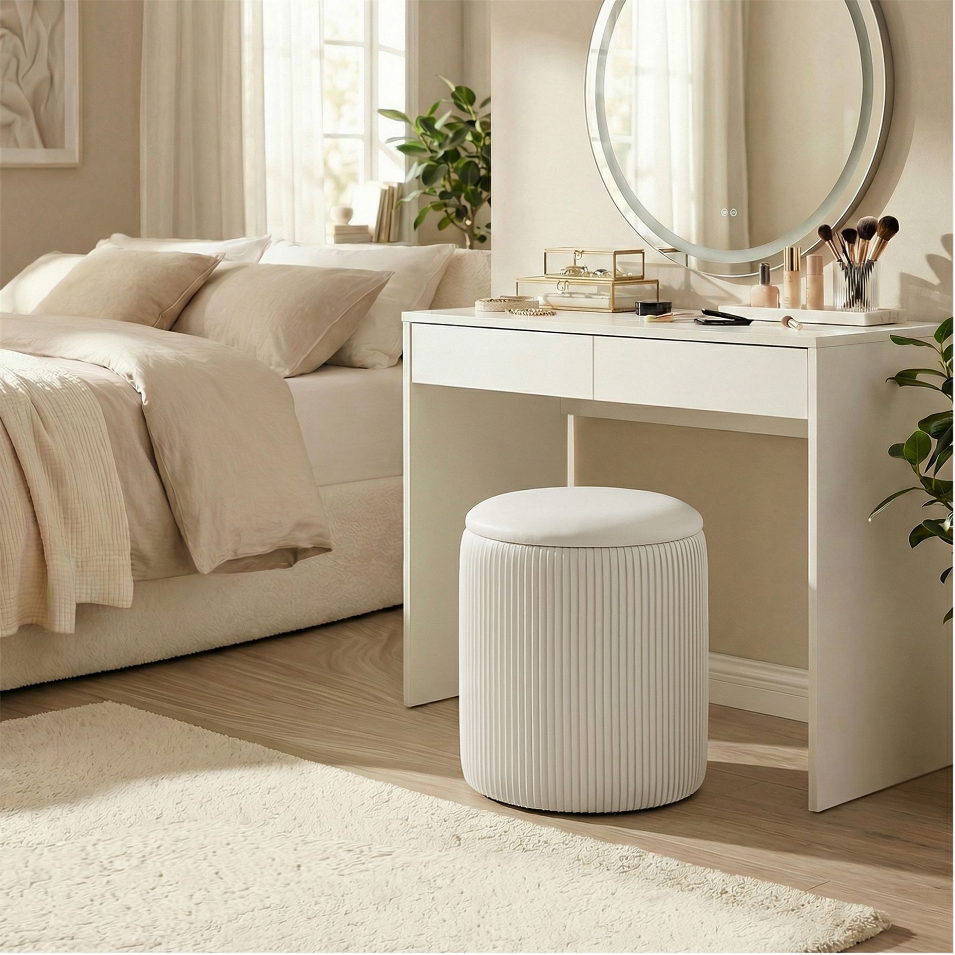 LEDREM Round Storage Ottomans, Set of 2 Vanity Stools, Small Coffee Table, Easy Assembly, Velvet Fabric, White