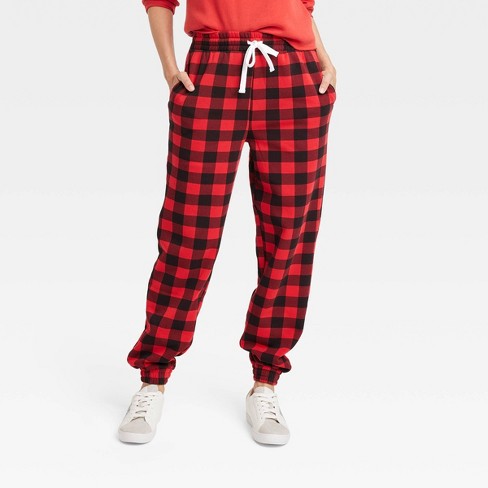 Womens Red & Green Xmas Plaid Fleece Joggers Sleep Pants Pajama