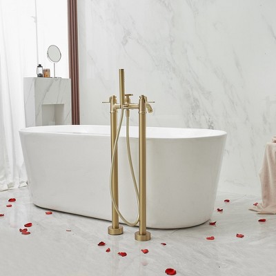 Brushed Gold 2-Handle Deck-Mount Roman Tub Faucet with Hand Shower