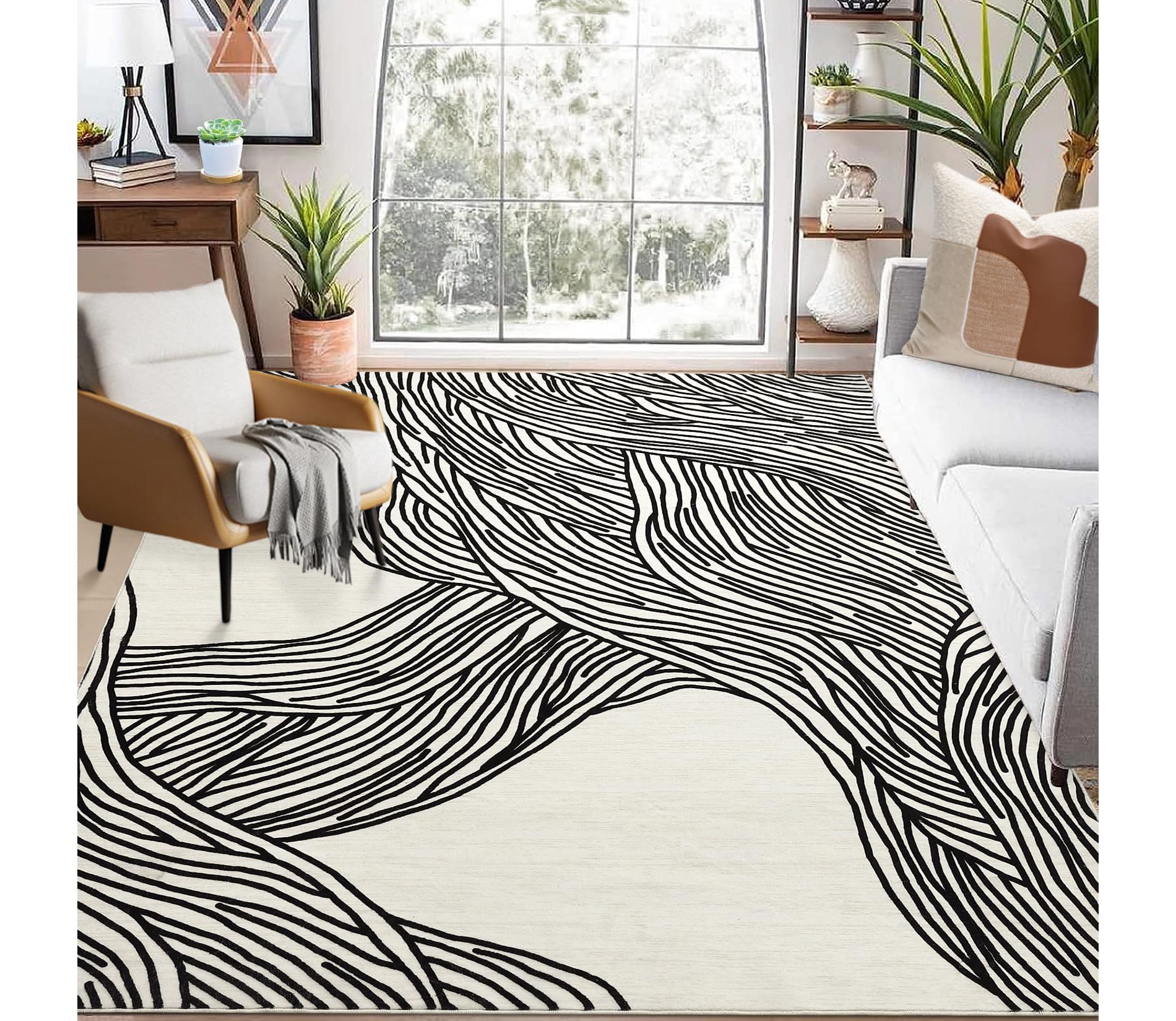 Modern Abstract Area Rug Washable Rug for Living Rooms, Indoor Contemporary Stripe Printed Floor Covering, Soft Neutral Foldable Non Slip Rugs
