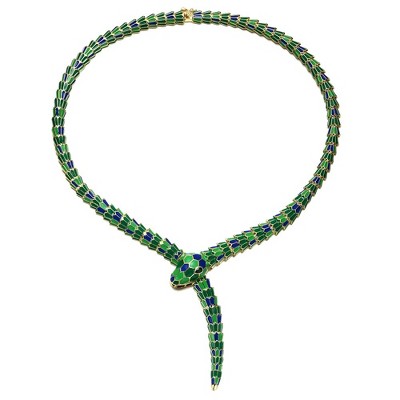 14k Yellow Gold Plated with Emerald Cubic Zirconia Blue & Green Enamel Coiled Serpent Snake Stiff Collar Necklace