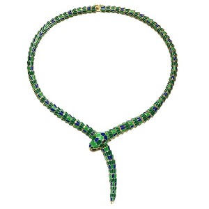 14k Yellow Gold Plated with Emerald Cubic Zirconia Blue & Green Enamel Coiled Serpent Snake Stiff Collar Necklace - 1 of 3