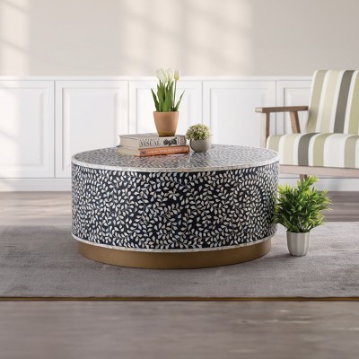 NicBex Luxe Cylinder Wooden Coffee Table Decor with Gold Base,Small Center Table for Living Room,Captivating Floral Patterns,Navy