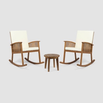 Abbottsford 3pc Acacia Wood Rocking Chairs and Side Table Set - Brown/Cream - Christopher Knight Home: Weather-Resistant Outdoor Seating