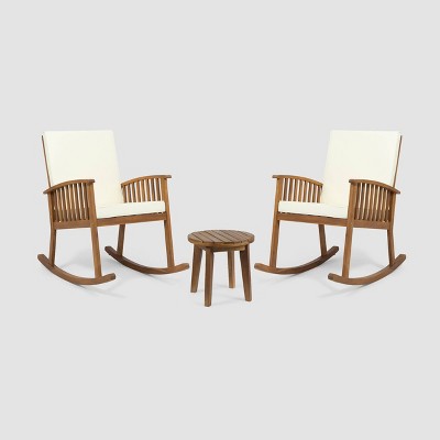 Abbottsford 3pc Acacia Wood Rocking Chairs and Side Table Set - Brown/Cream - Christopher Knight Home