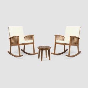 Abbottsford 3pc Acacia Wood Rocking Chairs and Side Table Set - Brown/Cream - Christopher Knight Home: Weather-Resistant Outdoor Seating - 1 of 4