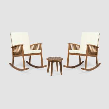 Abbottsford 3pc Acacia Wood Rocking Chairs and Side Table Set - Brown/Cream - Christopher Knight Home