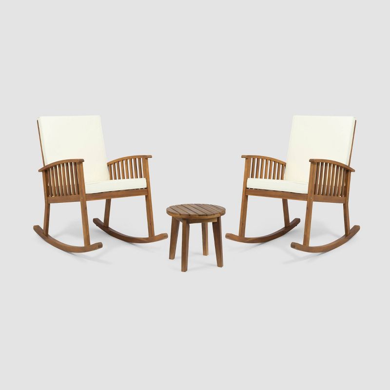 Abbottsford 3pc Acacia Wood Rocking Chairs and Side Table Set - Brown/Cream - Christopher Knight Home, 1 of 8