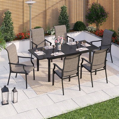Captiva Designs 7pc Patio Dining Set with Rectangular Black Steel Table & High Back Padded Grayish Brown Sling Armrest Chairs