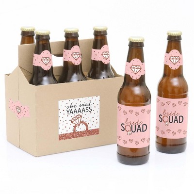 Big Dot of Happiness Bride Squad - Rose Gold Bridal Shower or Bachelorette Party Decorations for Women - 6 Beer Bottle Label Stickers & 1 Carrier