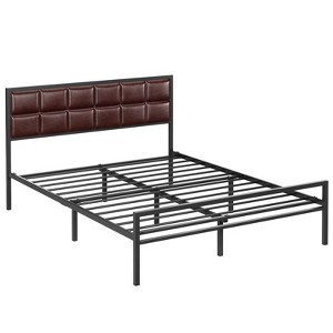 Metal Bed Frame with Upholstered Square Stitched Headboard, Faux Leather Platform Bed Frame, Steel Slats Support, Box Spring Optional - 1 of 4