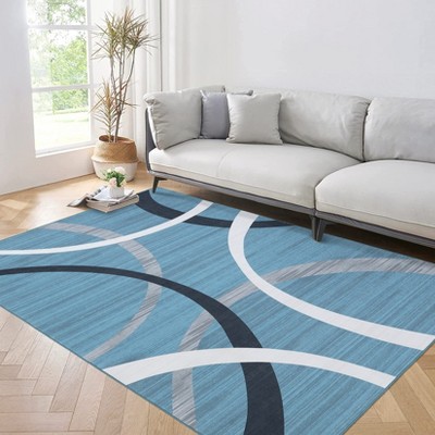 Indoor Modern Stripe Abstract Area Rugs for Living Room Bedroom Ultra Soft Washable Low Pile Non Slip Carpet Thin Floor Mat 4'x6'Blue