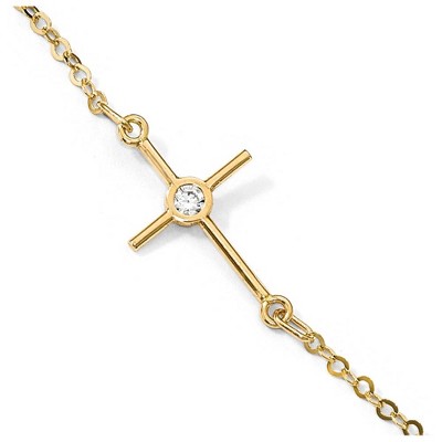 Black Bow Jewelry 14k Yellow Gold Polished Cubic Zirconia Cross Station Anklet, 10 Inch