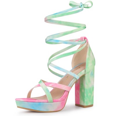 Allegra K Women's Opened Toe Tie Dye Platform Chunky Heel Lace Up Sandals