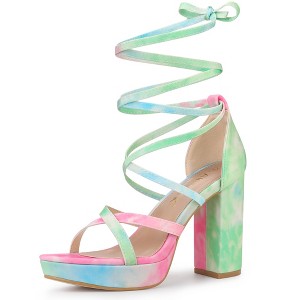 Allegra K Women's Opened Toe Tie Dye Platform Chunky Heel Lace Up Sandals - 1 of 4