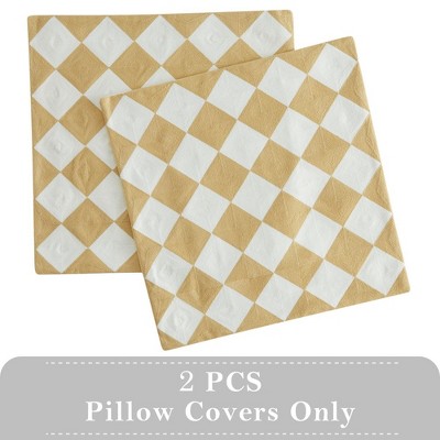 Beige and White Embroidered Checkered 20" Pillow Covers, Set of 2