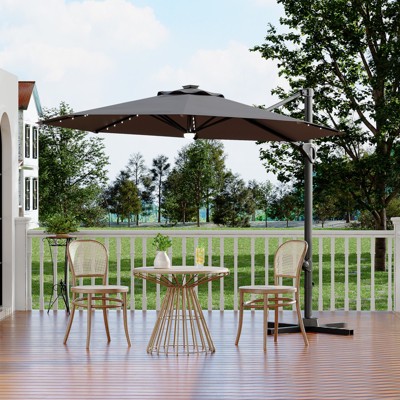 10FT Cantilever Umbrella w/ Solar Lights, 360° Rotation & Tilt, Easy Crank, UV Protection for Pool, Deck, Backyard