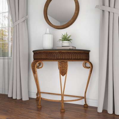 Gold Metal Demilune Console Table with Ornate Scroll Legs