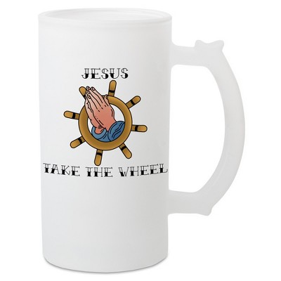 100 North Freezable 16 Ounce Translucent White Matte Frosted Glass Craft Drinking Stein Beer Mug With Thumb Grip Handle, Jesus Take The Wheel