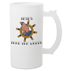100 North Freezable 16 Ounce Translucent White Matte Frosted Glass Craft Drinking Stein Beer Mug With Thumb Grip Handle, Jesus Take The Wheel - 1 of 1