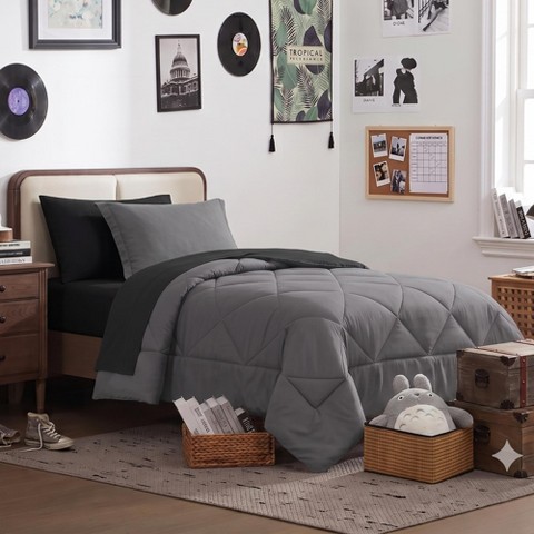 Sweet Home Collections Coleman® 7PC Campus Ready Dorm Twin XL Bedding Bundle, Reversible Comforter, Down Alternative Pillows & Sheet Set - Black/Grey