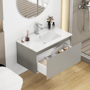 KWPZQEB 32" Modern Floating Cabinet Vanity with Sink Combo, Wall Mounted Cabinet with Drawer & Unique Handle-Free Design for Small Space, White/Gray - 1 of 4