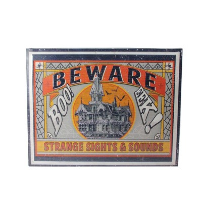 Raz Imports 18" Halloween Stamped “BEWARE” Metal Wall Art - Orange/Gray