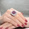Guili Sterling Silver Rhodium-Plated Cocktail Ring with Pink Asscher Cubic Zirconia, Clear Double Halo, Elegant Design, Available in Sizes 6, 7, 8. - 3 of 3